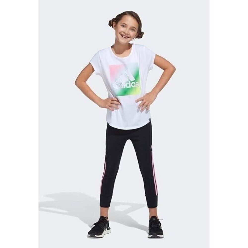 adidas Girls' Short Sleeve Cotton Scoop Neck Tee T-Shirt Rainbow NWT Size S 7/8